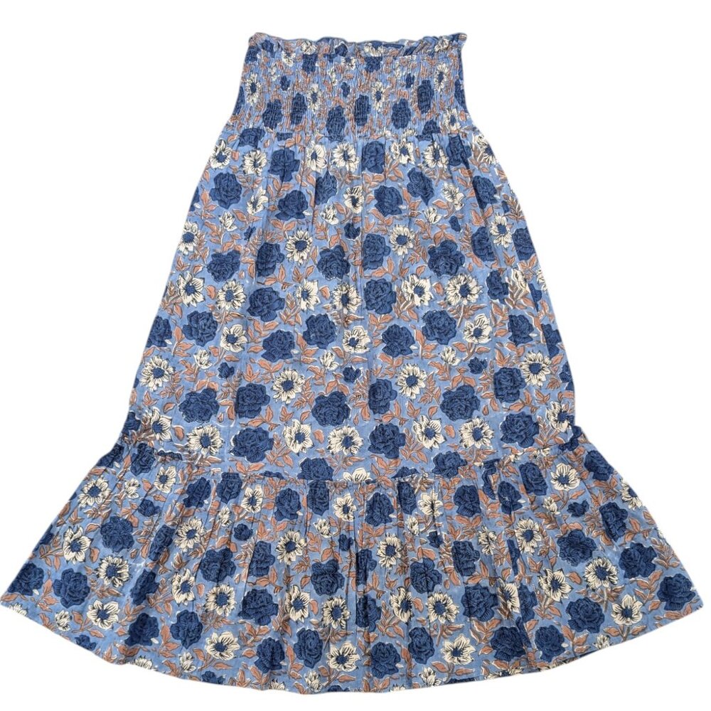 FITZROY & WILLA Cotton Maxi Skirt M Floral Blue Ruffle Hem Stretch Waist Smocked - Picture 2 of 8